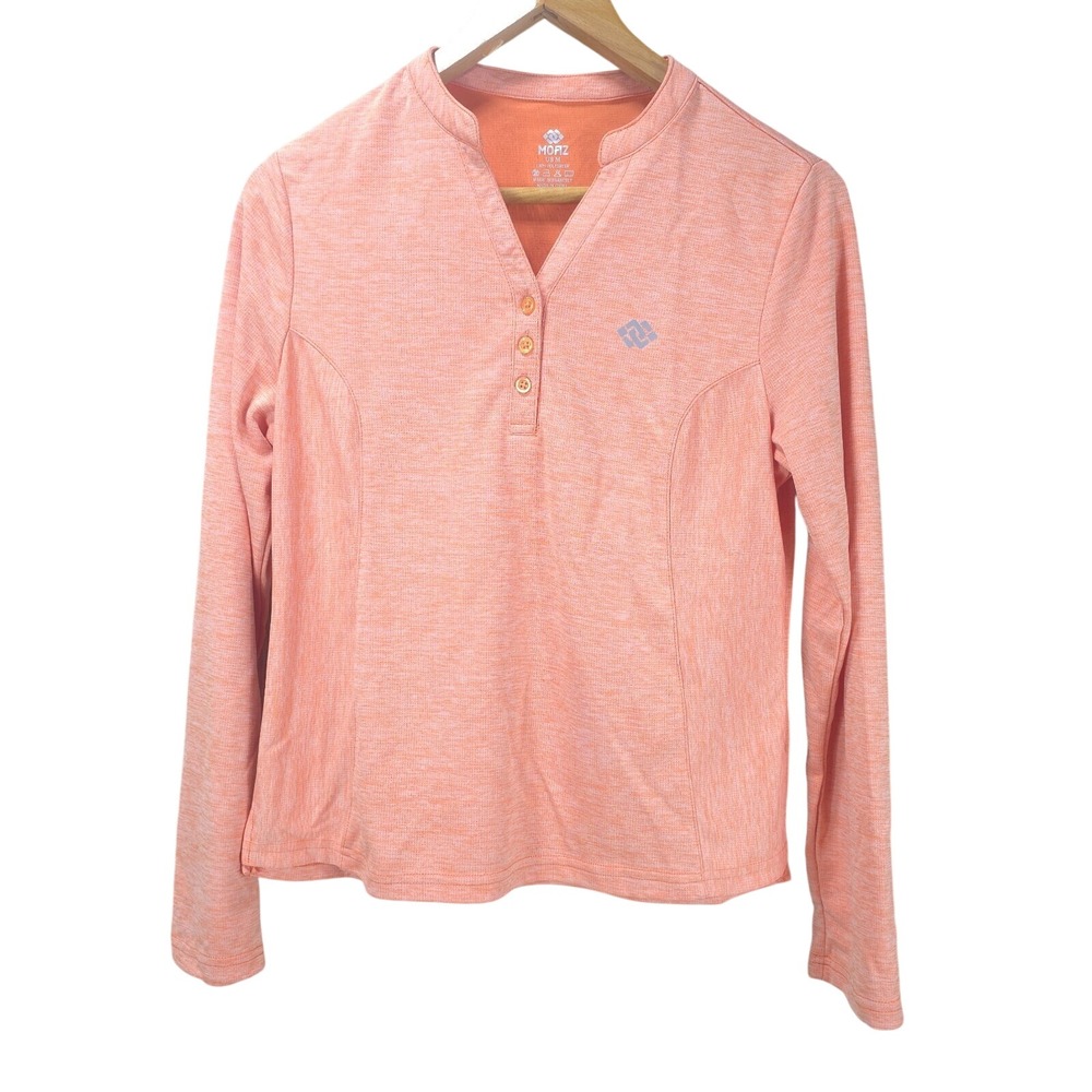 MoFiz Polo Shirt Womens M‎ Peach Heathered Long Sleeve V-Neck Athletic Golf Top